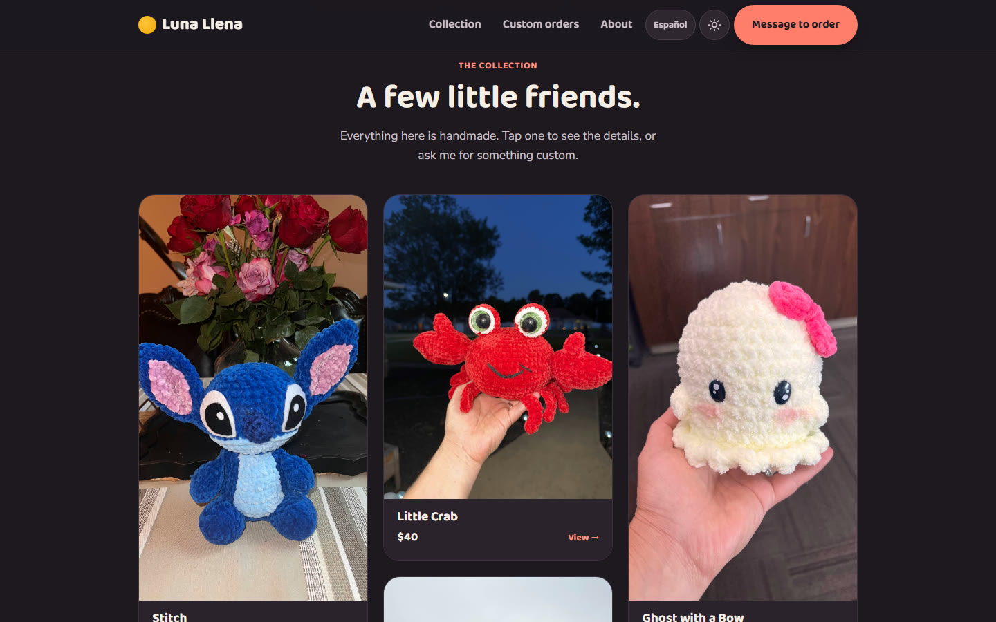 Luna Llena Creations website: a collection of handmade crochet plushies with prices